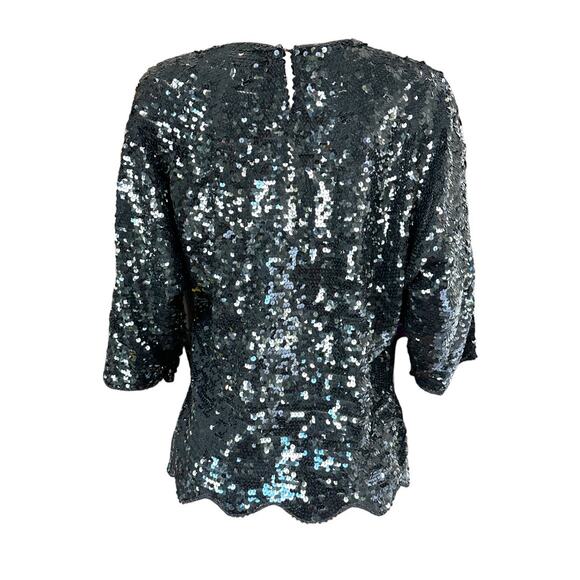 Vintage Black Silk Sequin Top 3/4 Batwing Sleeve Calla Lily Pattern Size XL 1X - Picture 9 of 10